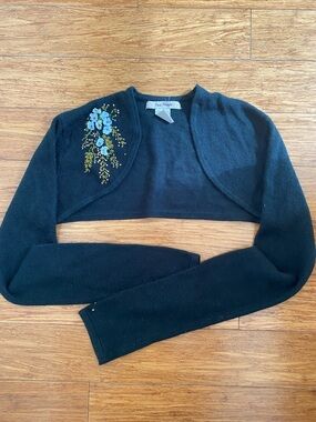 Free People Black Cropped Bolero Shrug with White & Gold Floral Embroidery